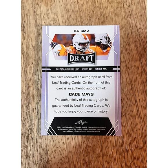 Cade Mays Autographed Blue Parallel 2022 Leaf Draft Card RC Rookie - Picture 2 of 2